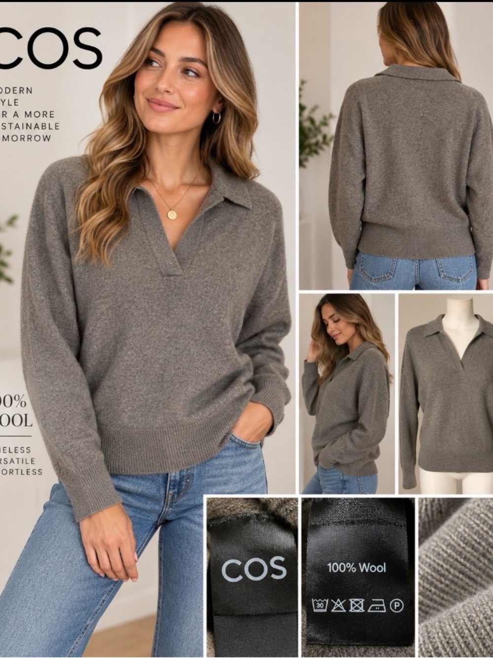 COS 100% Wool Collared V-Neck Polo Sweater Minimalist oversized